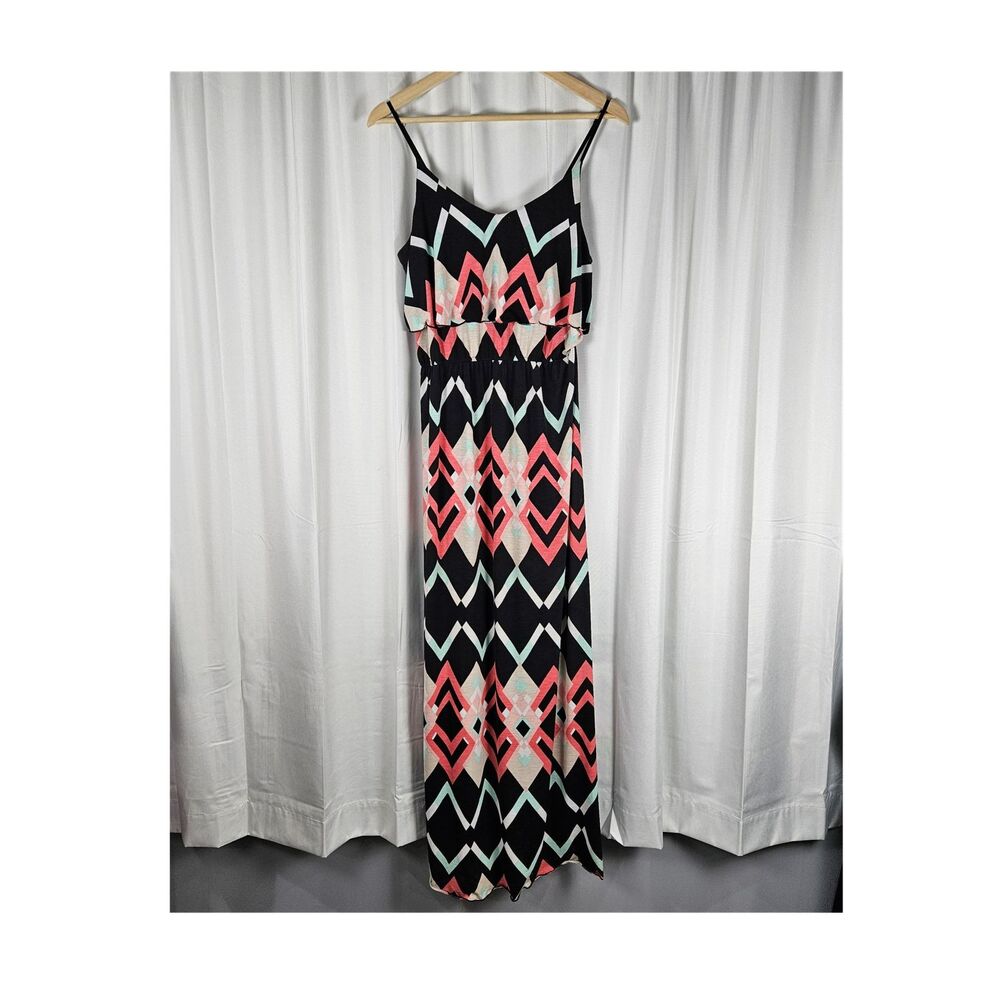 Trixxi Geometric Maxi Dress Size L Black Pink Mint V-Neck Spaghetti Strap